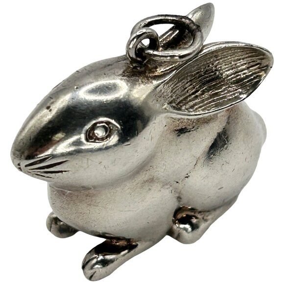 Vintage 925 Sterling Silver 3D Puffy Bunny Rabbit Necklace Pendant - Picture 2 of 5